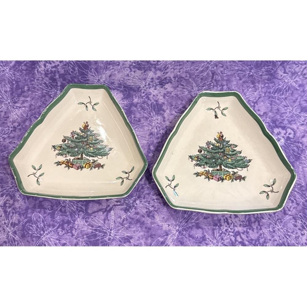 Spode Christmas Tree S3324 Small Triangular Tray Dish England Vintage Set Of 2